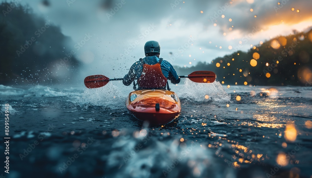 Fototapeta premium Kayaker paddles fiercely through river rapids