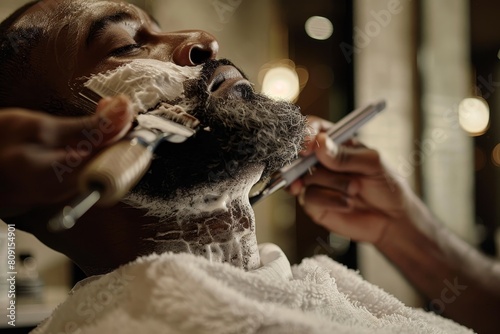 A man sitting in a barber chair, receiving a haircut from a barber using hot towels and straight razors, A barber using hot towels and straight razors for a luxurious shave experience