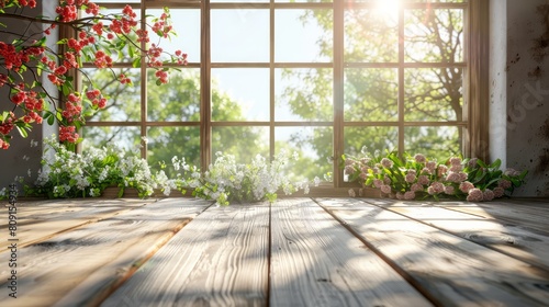 A window with a view of a garden and a wooden floor