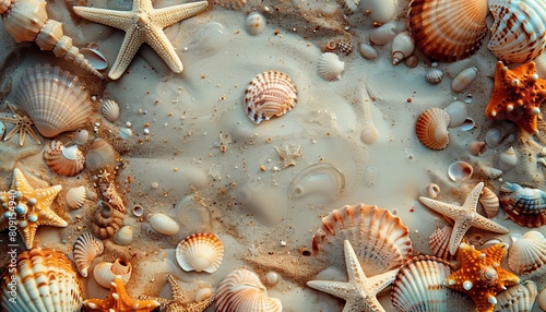 This close-up shot showcases a collection of colorful seashells  starfish  and sand textures