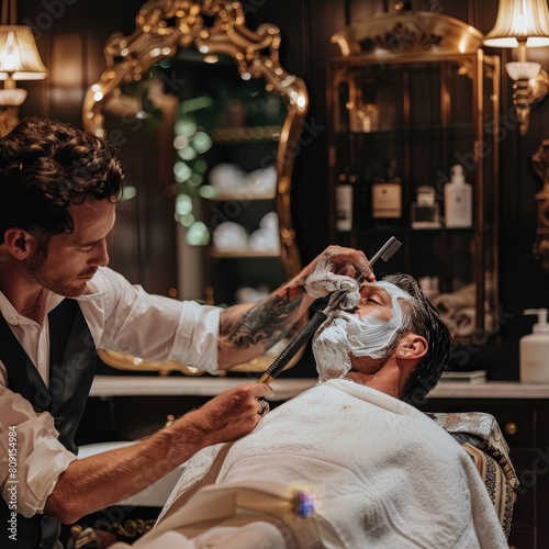 A man seated in a barber chair getting his hair cut by a professional barber using hot towels and straight razors, A barber using hot towels and straight razors for a luxurious shave experience