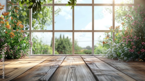A window with a view of a garden and a wooden floor