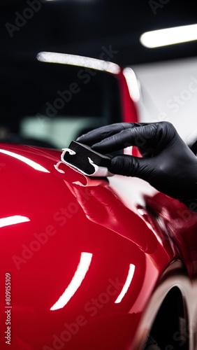Obraz na płótnie Car detailing studio worker carefully applying ceramic coating on red car w salonie