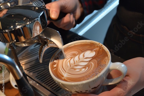 A barista pours steaming coffee into a waiting cup  creating a perfect pour  A barista carefully crafting latte art