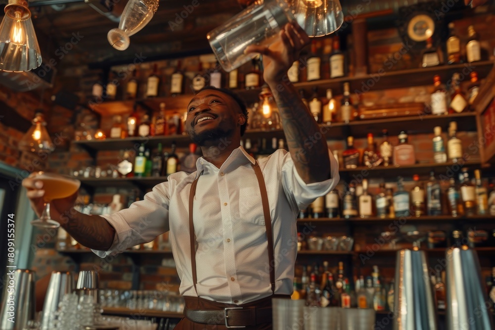 Obraz premium A man standing at a bar, pouring a drink into a glass, A bartender juggling bottles and shakers while making a drink