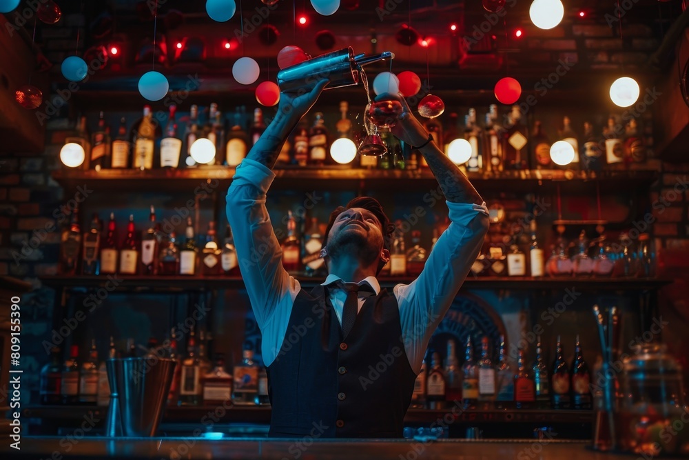 Fototapeta premium A man standing in front of a bar, holding a bottle in his hand, A bartender juggling bottles and shakers while making a drink