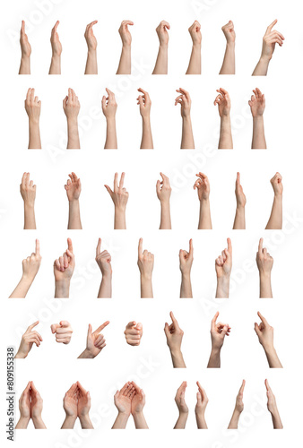 Diverse hand gestures, showing different expressions. Signs and symbols, finger movements, pinching photo