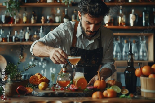 A man in action pouring a drink into a glass with precision and expertise, A bartender creating unique and artistic garnishes for cocktails