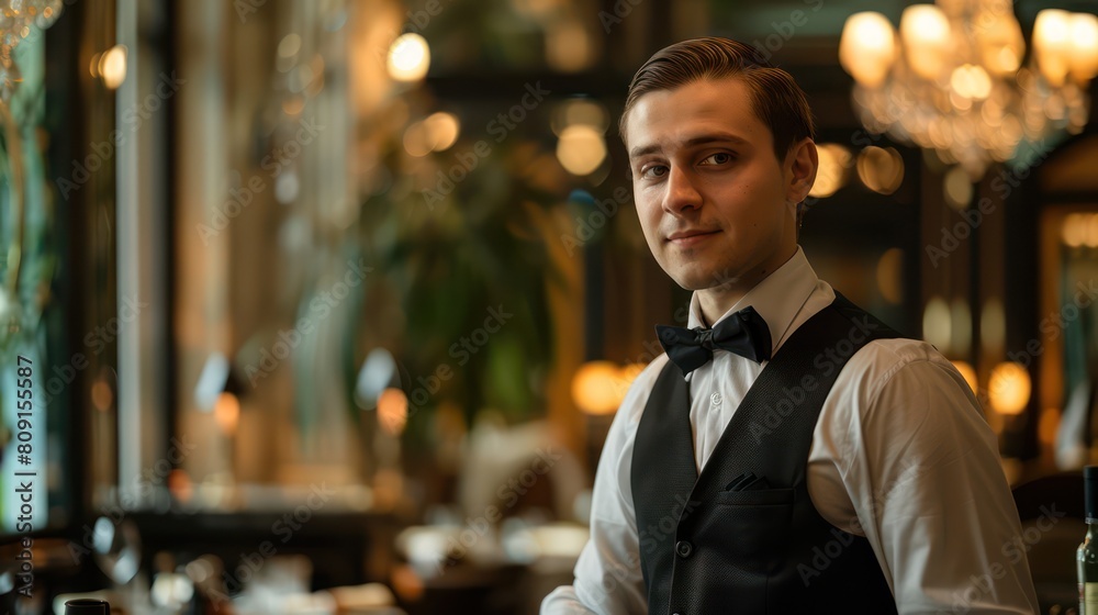 Fototapeta premium A young waiter in formal attire stands attentively in a lavish restaurant environment with golden tones