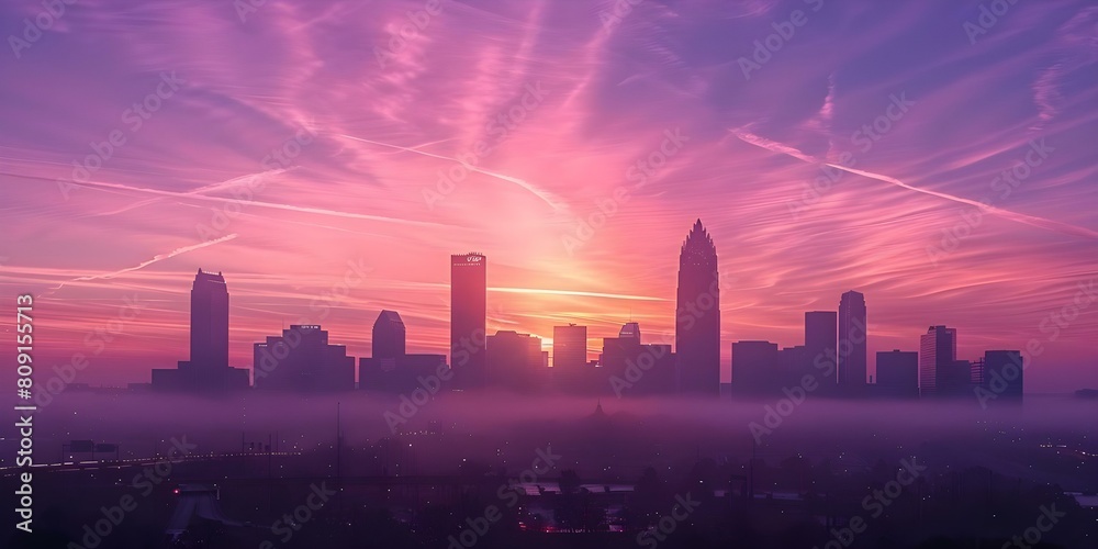 A stunning view as a vibrant sunrise illuminates the Charlotte skyline with colorful hues. Concept Skyline Photography, Sunrise Views, Vibrant Colors, Charlotte Landmarks, Urban Landscape