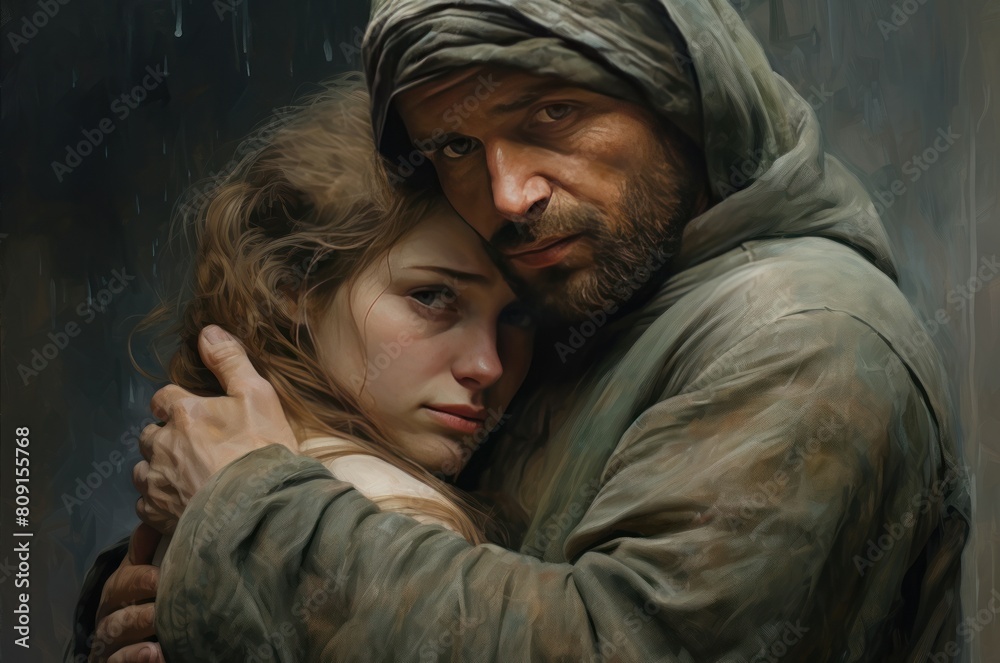 Loving couple embracing under rain, creating a digital painting, finding protection and comfort Loving couple embracing under rain, creating a digital painting, finding protection and comfort