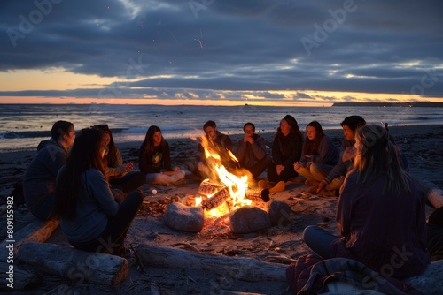 A group of friends sitting around a campfire on the beach  enjoying the warmth and camaraderie  A beach bonfire with a group of friends sharing stories and roasting marshmallows