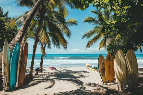 Several surfboards are neatly arranged in a row on the sandy beach with palm trees in the background, A beach lined with palm trees and surfboards © Iftikhar alam