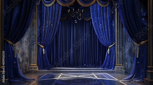 Royal blue velvet curtains drawn open to reveal a grand stage, dramatic and regal. photo