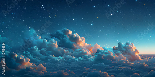 Fluffy volumetric clouds at night against a dark blue sky with stars background  creating a serene and dreamy atmosphere. Suitable for astronomy or nature-related content.