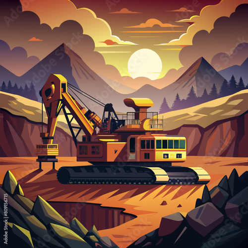 Excavator in open-pit mining. Biggest electrical excavator in opencast mine on sunset. Excavaon earthmoving. Construction machinery and equipment on earthworks
