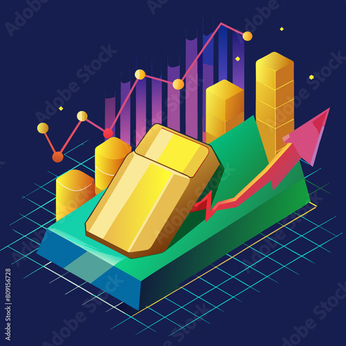 Gold bar resting on a stocks and shares graph representing investment, digital art