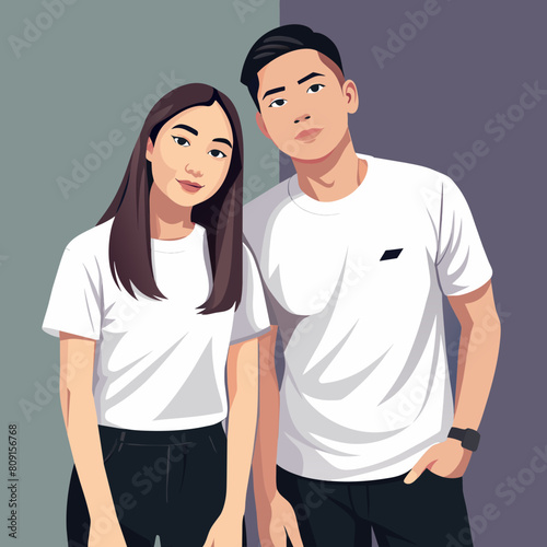 A couple boyfriend and girlfriend wearing blank white matching t-shirts mockup for design template