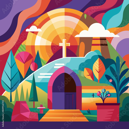 Abstract art. Colorful painting art of the empty tomb of Jesus. Easter or Resurrection concept. He is Risen.