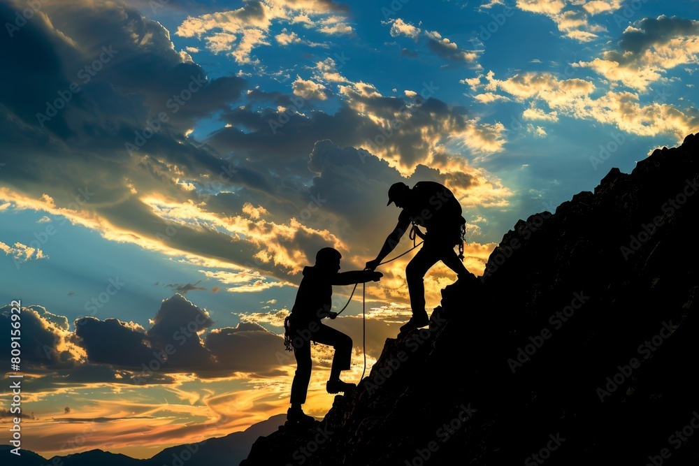 Silhouette of a man helping his friend climb a mountain against the sky with cloudy background, depicting the concept of help and teamwork for success Generative AI
