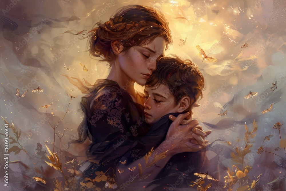 A painting showing a mother and son warmly hugging each other, A beautiful depiction of a mother and son embracing