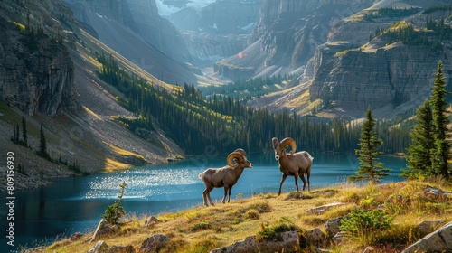 bighorn sheep traversing the rugged terrain of the Canadian Rocky Mountains, with a stunning backdrop of mountain peaks and a tranquil lake, creating a breathtaking landscape. © ZinaZaval