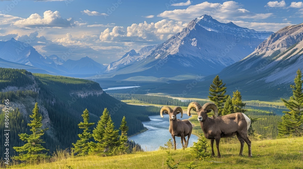 Naklejka premium bighorn sheep traversing the rugged terrain of the Canadian Rocky Mountains, with a stunning backdrop of mountain peaks and a tranquil lake, creating a breathtaking landscape.