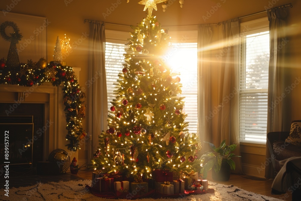 A Christmas tree shining brightly in a cozy living room setting, A beautifully decorated Christmas tree shining brightly A Christmas tree shining brightly in a cozy living room setting, A beautifully decorated Christmas tree shining brightly