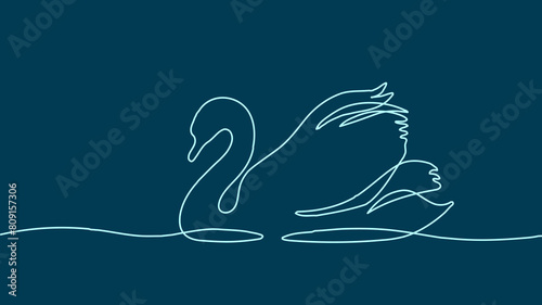  One continuous line swan bird on water surface in line art drawing style. Black ink linear sketch. Print swan outline black and white vector illustration