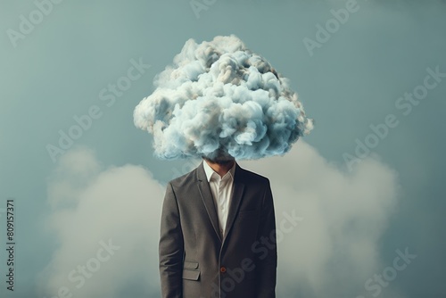 Creative image depicting a man in a suit with a cloud for a head, symbolizing imagination © juliars