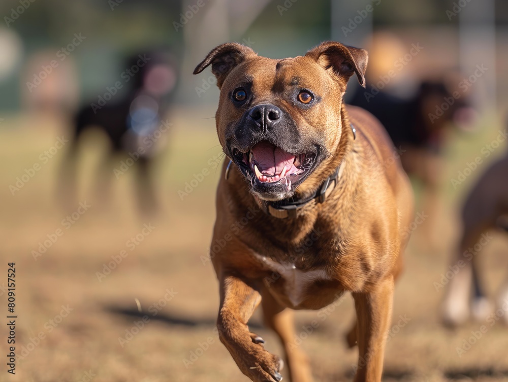 A brown dog is running in a field with other dogs. The dog is smiling and he is happy A brown dog is running in a field with other dogs. The dog is smiling and he is happy