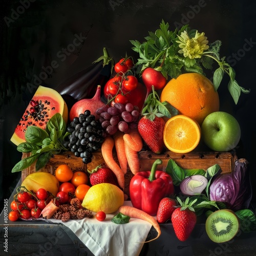 A painting showing a variety of fresh fruits and vegetables arranged on a table, A beautiful still life composition featuring fresh, vibrant fruits and vegetables