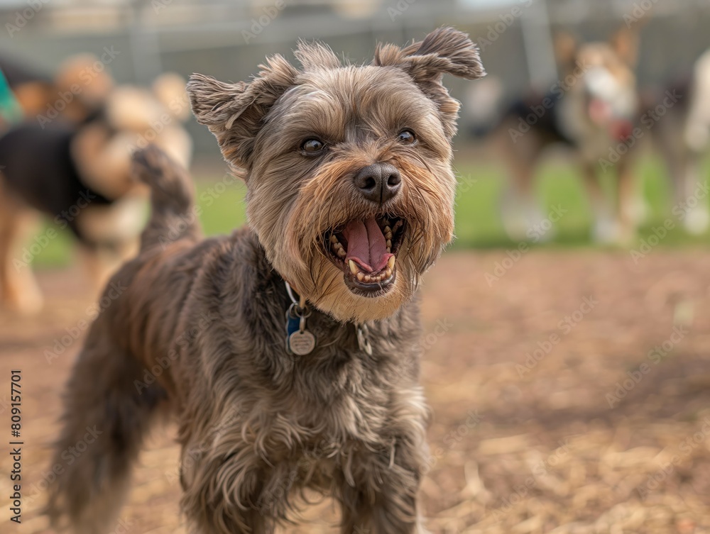 A small dog with a blue collar is standing in a field with other dogs. The dog is smiling and he is happy