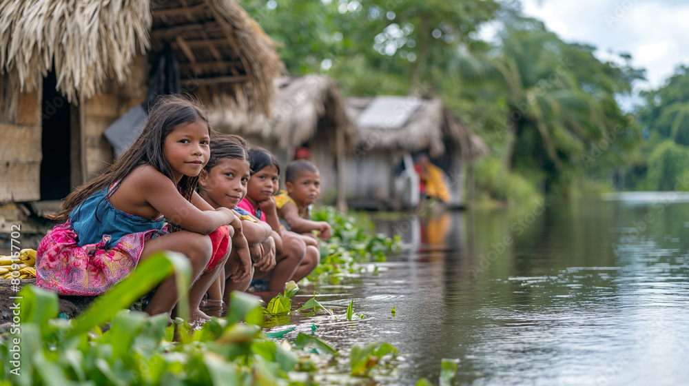 Indigenous Children Sitting by the Riverside in a Remote Village Indigenous Children Sitting by the Riverside in a Remote Village