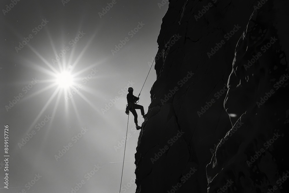 A man ascending a challenging mountain face with the support of a belayer securing the rope, A belayer secures the rope as the climber ascends, their silhouette a stark contrast against the sky A man ascending a challenging mountain face with the support of a belayer securing the rope, A belayer secures the rope as the climber ascends, their silhouette a stark contrast against the sky