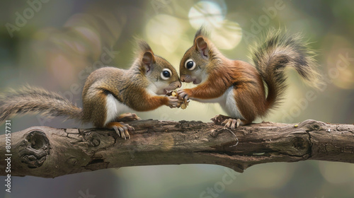 Two cute squirrels playing on the tree branch in the forest, sunlight, morning light, photoTwo cute squirrels playing on the tree branch in the forest, sunlight, morning light, photo