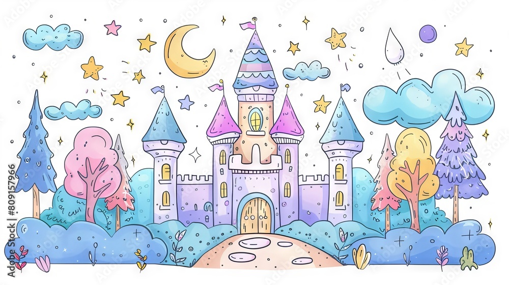 A beautiful watercolor illustration of a fairytale castle with stars, moons, and clouds.
