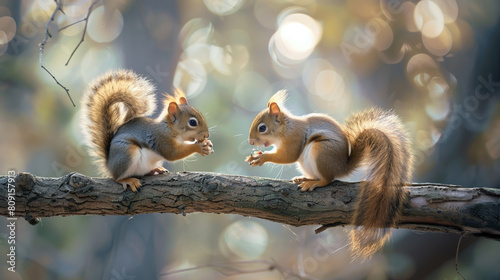 Two cute squirrels playing on the tree branch in the forest, sunlight, morning light, photoTwo cute squirrels playing on the tree branch in the forest, sunlight, morning light, photo