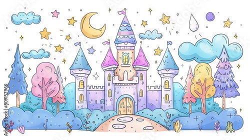 A beautiful watercolor illustration of a fairytale castle with stars, moons, and clouds.