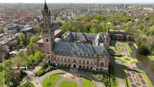 Aerial view of The Peace Palace (Vredespaleis) in The Hague , Netherlands. Building of International Court of Justice in Den Haag, Holland. Netherlands, Europe from above photo