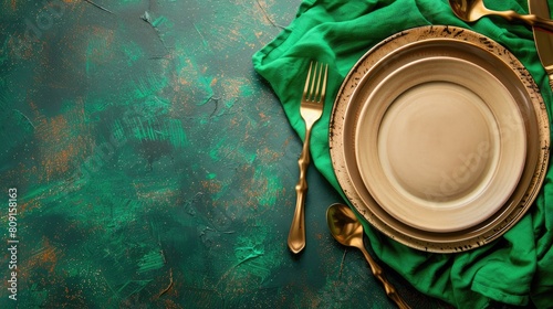 a modern table setting adorned with beige plates, golden cutlery, and linen napkins against a rich dark green backdrop, exuding sophistication and style.
