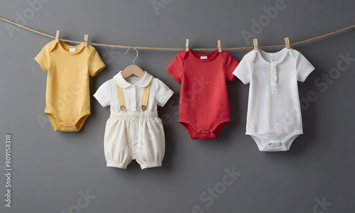 Children s clothes are dried on a rope with clothespins on a gray background. Artificial intelligence. 