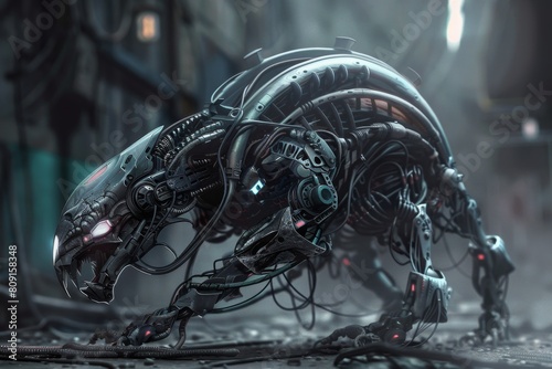 Biomechanical alien with large head explores advanced cityscape, A biomechanical creature blending organic and mechanical elements in a dystopian world