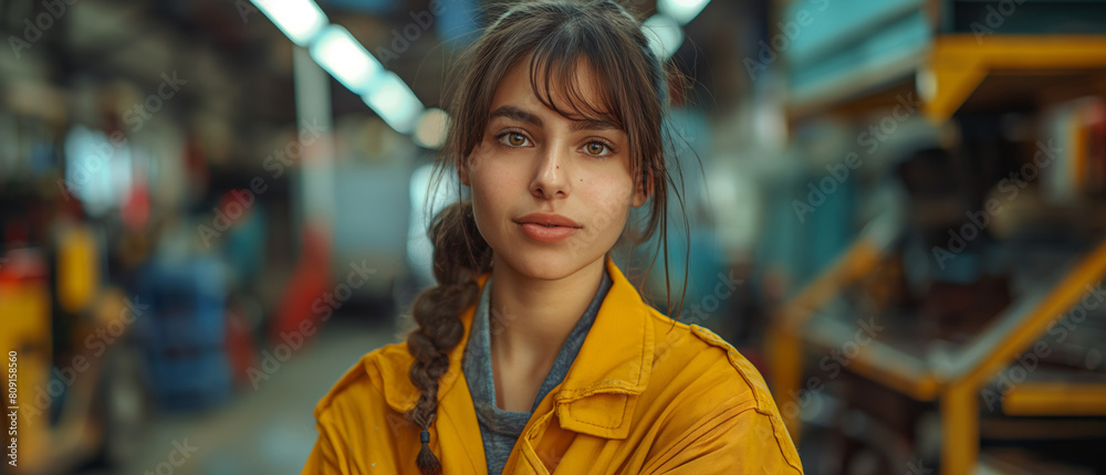 Young woman in a yellow jacket at work