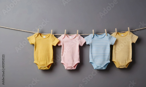 Children s clothes are dried on a rope with clothespins on a gray background. Artificial intelligence. 