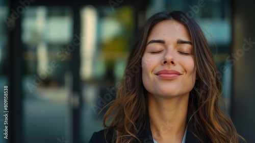Wallpaper Mural Serene Young Caucasian Woman Enjoying a Moment of Peace Outside Modern Office Torontodigital.ca