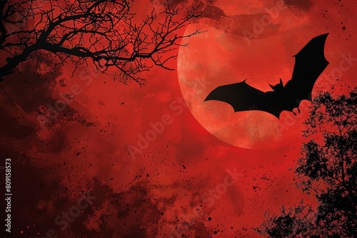 Silhouetted black bat in flight against a full moon in the night sky, A black bat silhouetted against a blood-red sky photo