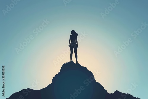 A silhouette of a businesswoman stands on the peak of a mountain  symbolizing success and achievement  Sharpen banner template with copy space on center