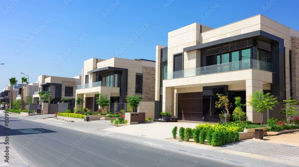 modern townhouses, featuring pristine white walls accented with wooden elements, flanked by lush greenery and trees, under the vast blue sky, with an empty road stretching in front of the buildings. modern townhouses, featuring pristine white walls accented with wooden elements, flanked by lush greenery and trees, under the vast blue sky, with an empty road stretching in front of the buildings.