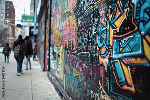 A group of individuals walking down a sidewalk next to a vibrant, colorful graffiti-covered wall, A blackboard graffiti mural showcasing vibrant street art and urban influences © Iftikhar alam